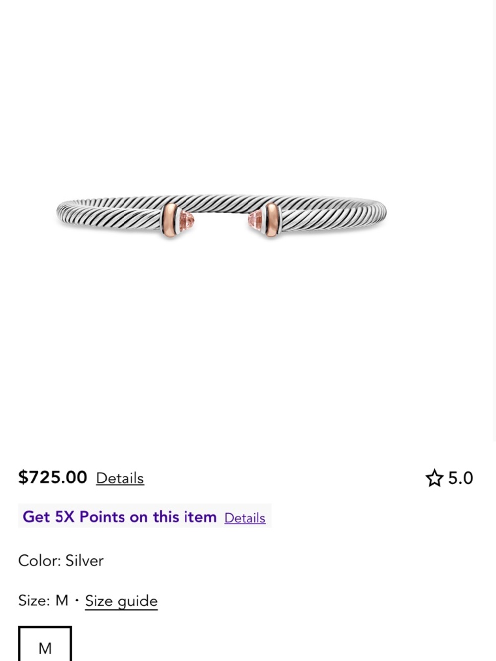 David Yurman Silver Cable Cuff with Rose Gold Accents Size Large - Picture 5 of 7